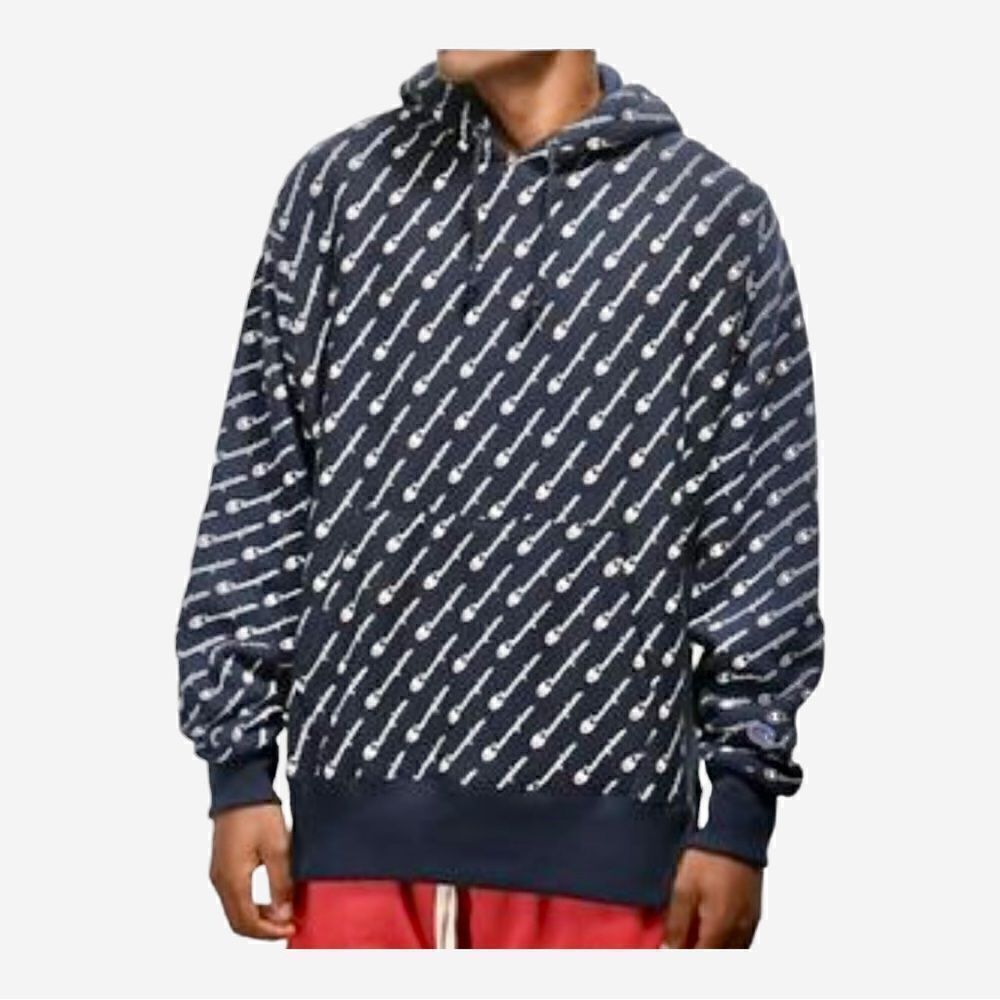Champion Brand Blue Reverse Weave All Over Logo Print Hoodie Sweatshirt SZ M EUC